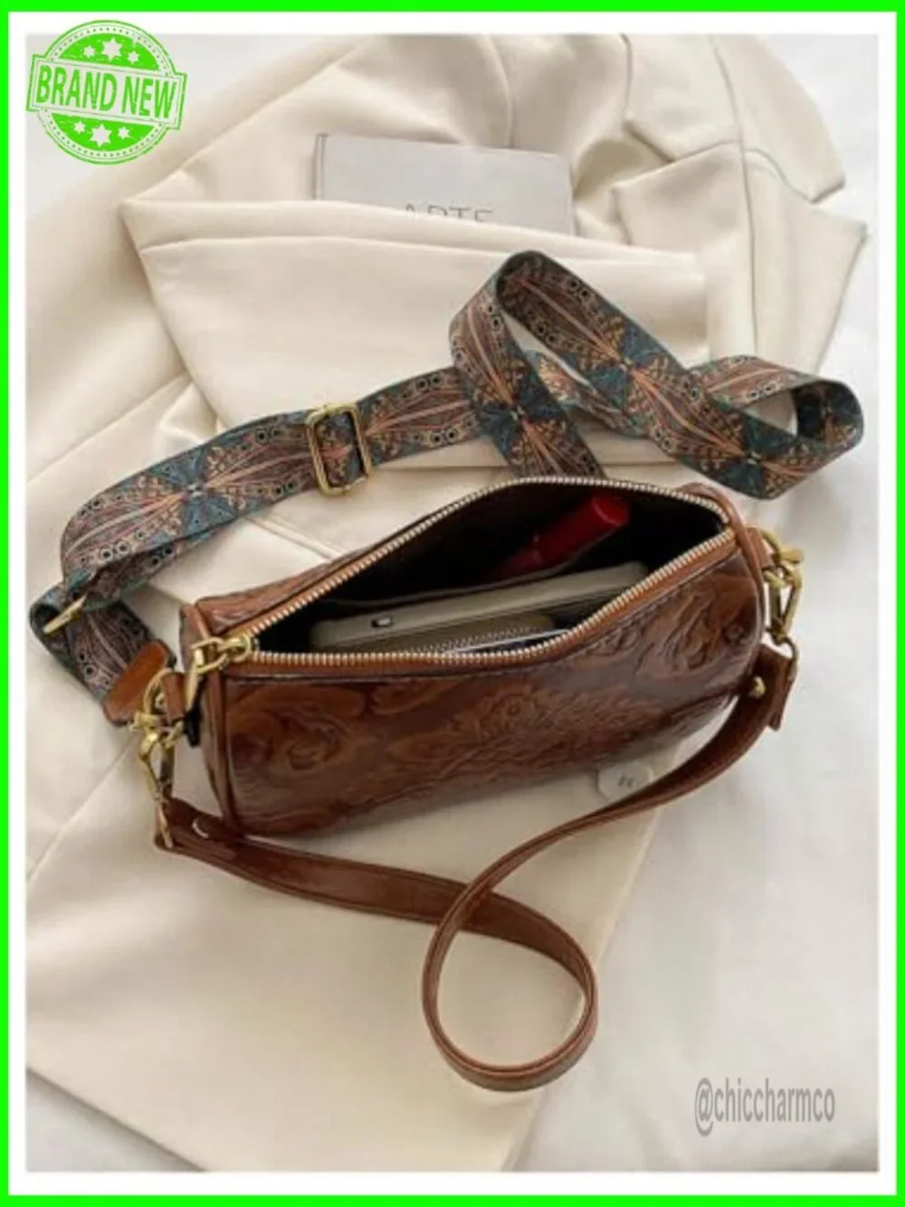 Vintage Western Tooled Leather Crossbody Bag Floral Zipper Hobo Purse